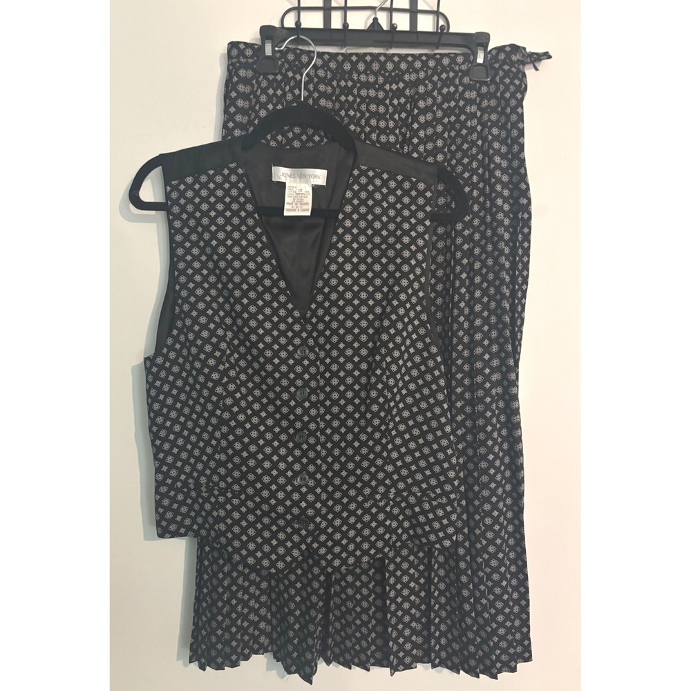 Vtg 90s Jones New York 2pc Vest Pleated Maxi Skirt Black White Geometric 12